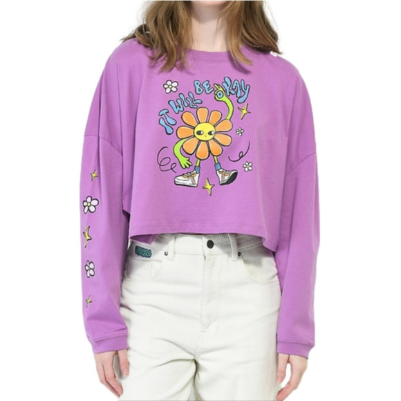 A-Lab Gayle It Will Be Ok Purple Crop Long Sleeve T-Shirt size Large - Picture 2 of 14